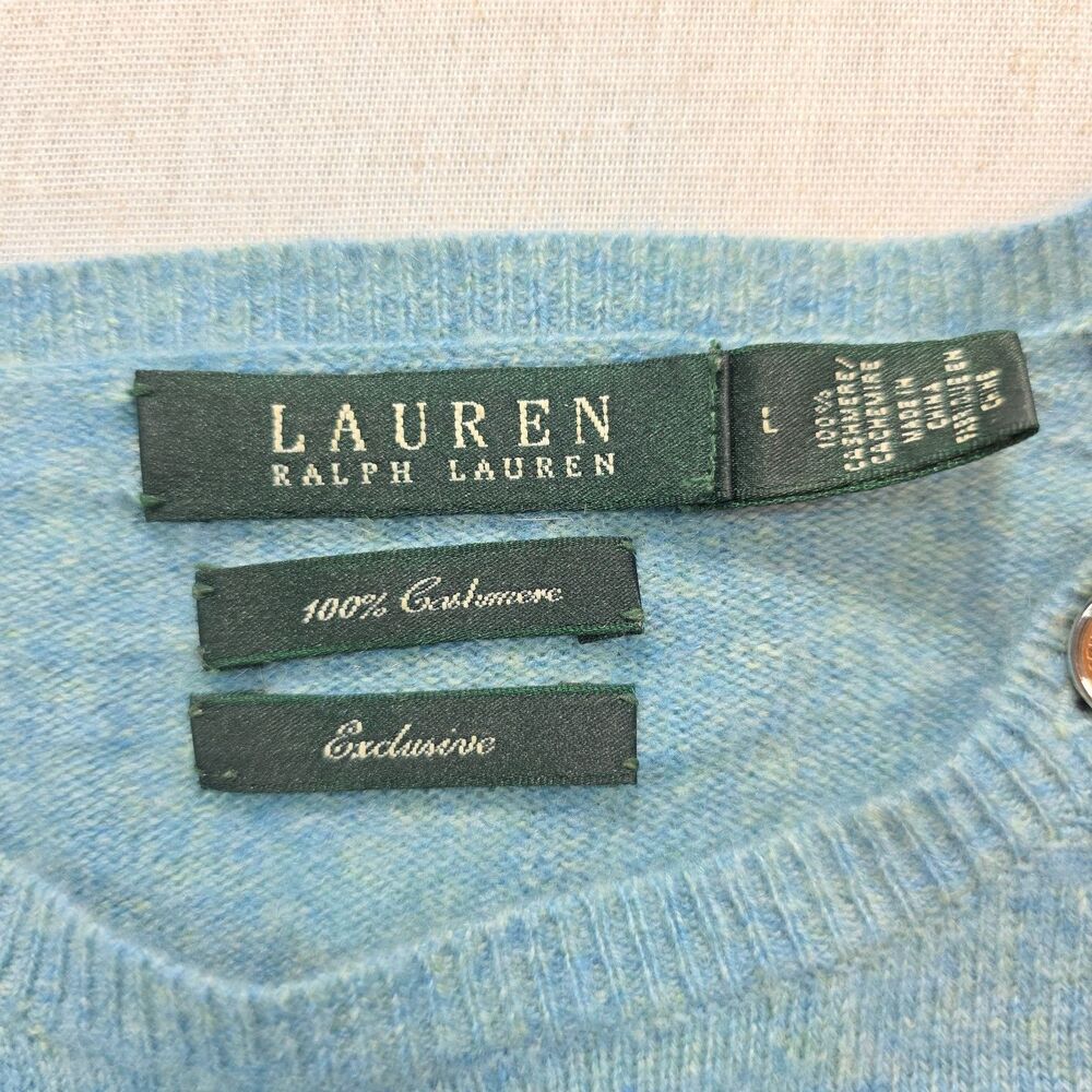 Lauren Ralph Lauren 100% Cashmere Sweater Blue Button Shoulder Women's Large - Picture 3 of 9